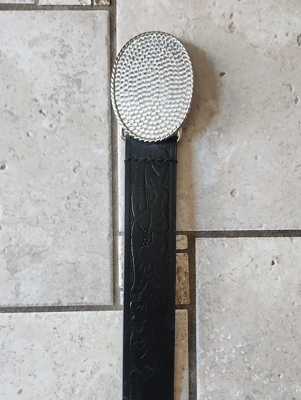 Nine West  Black Leather Belt with Silver Crystal Oval Buckle